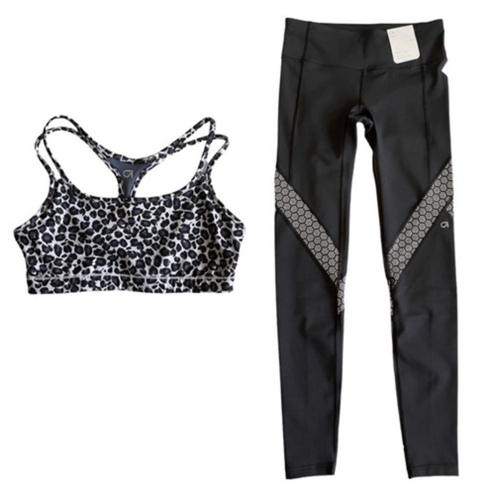 T8 GapFit Activewear Set Leopard Sports Bra gFast Leggings Honeycomb Mesh XS NWT